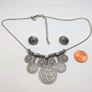 Lia Sophia Sterling Silver Coin Necklace & Matching Earrings Jewelry Set